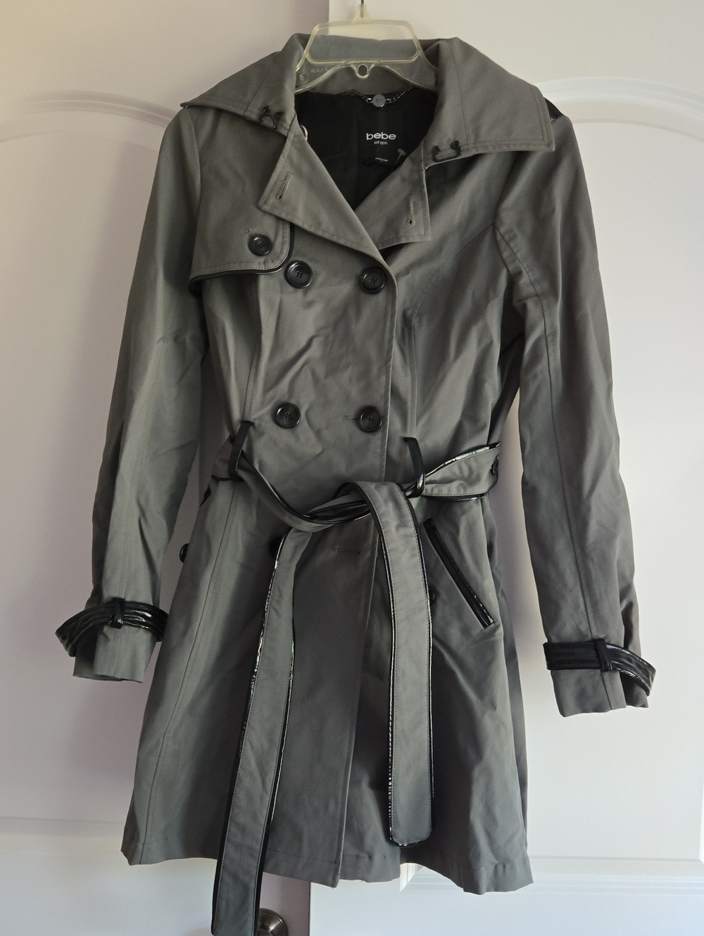 bebe Gray Double-Breasted Trench with Belt